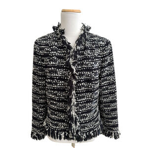 Carlisle Short Jacket 8 Black White Wool Cotton Boucle Fringe Silk-Lined Classic
